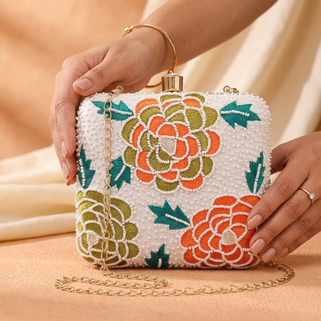Mahek White — Raw Silk Embroidered Clutch