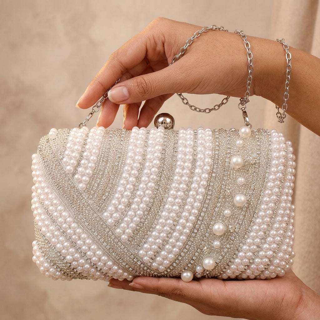 Swisni Hand-Embroidered Clutch Bag for Women | Zari Sequin Bridal Purse | Wedding Party Handbag | SWIS-467