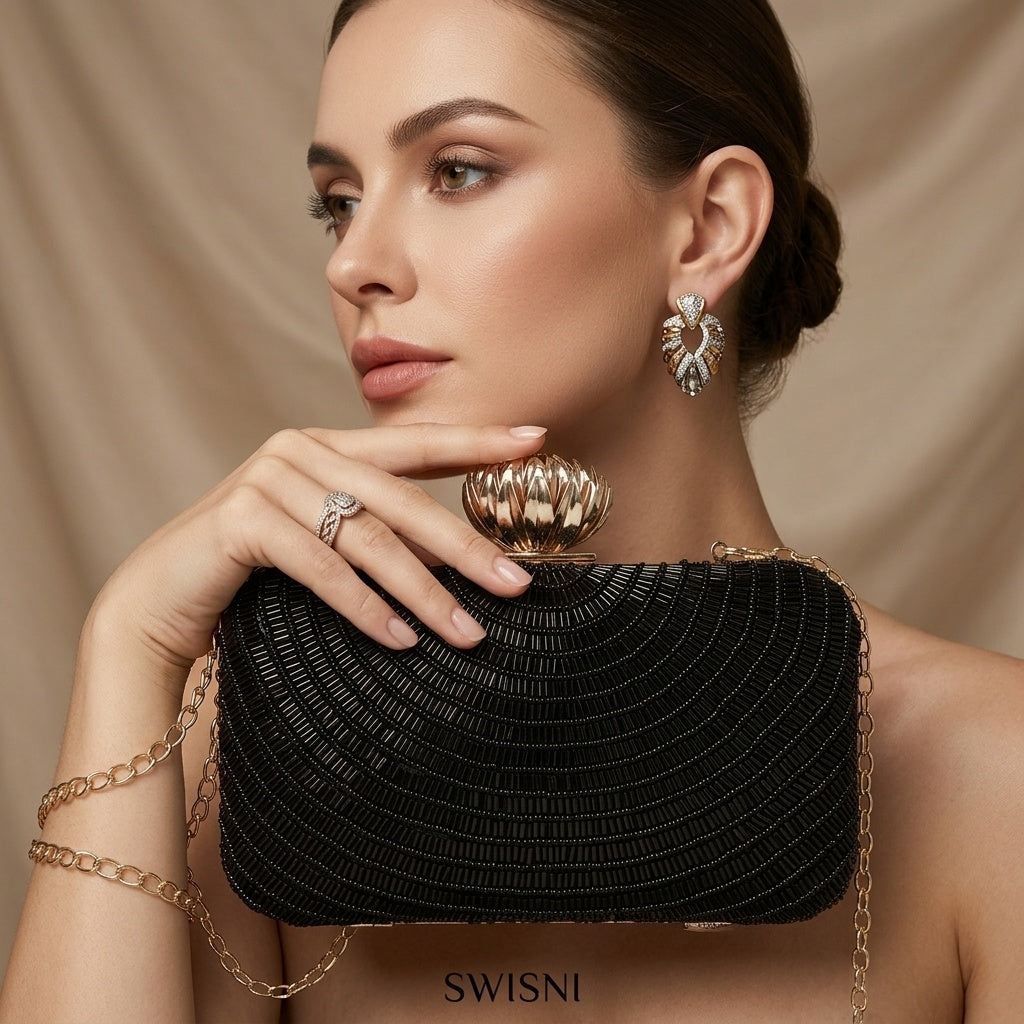 Shubhra Black — Raw Silk Embroidered Clutch