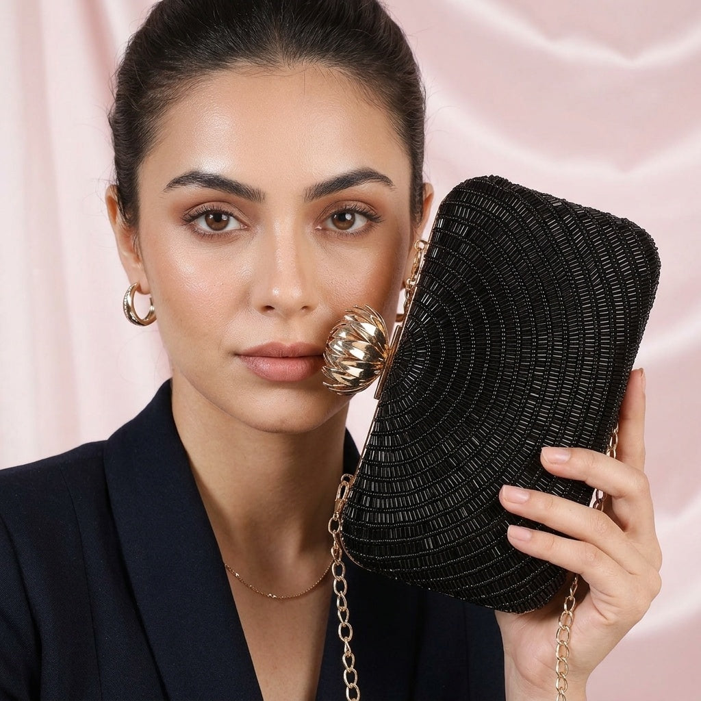 Shubhra Black — Raw Silk Embroidered Clutch