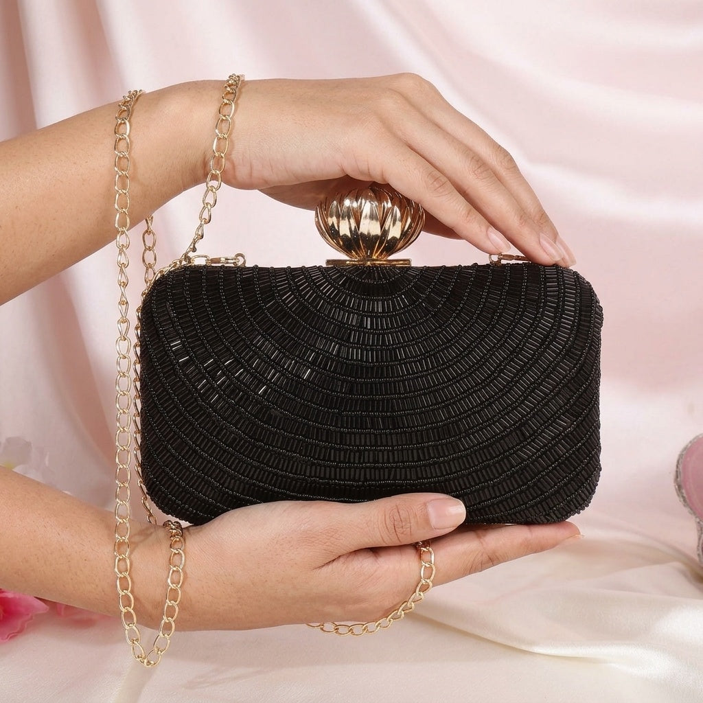 Shubhra Black — Raw Silk Embroidered Clutch