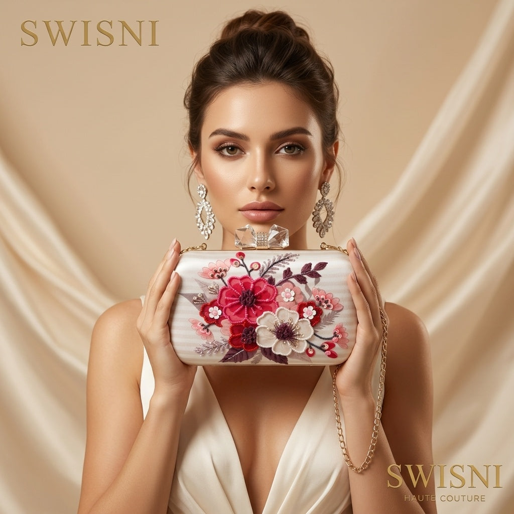Keya White — Satin Printed Embroidered Clutch