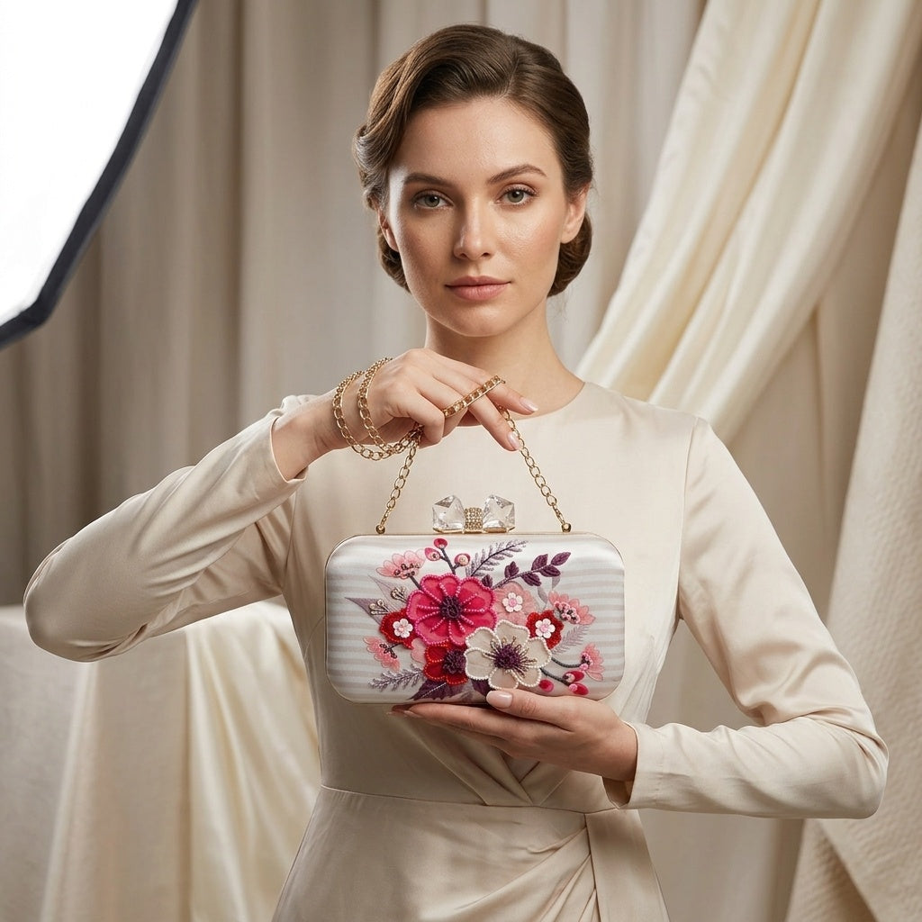 Keya White — Satin Printed Embroidered Clutch