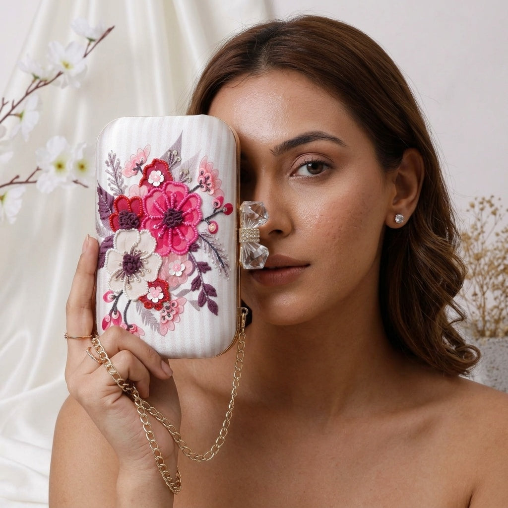 Keya White — Satin Printed Embroidered Clutch