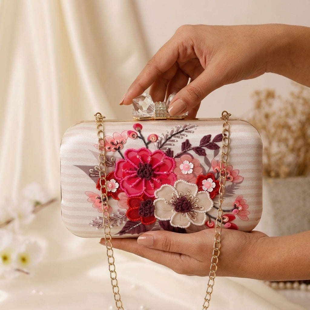 Keya White — Satin Printed Embroidered Clutch