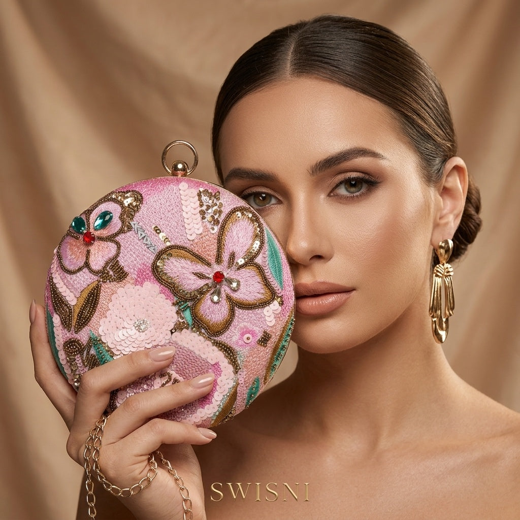 Purvi Pink — Raw Silk Embroidered Clutch