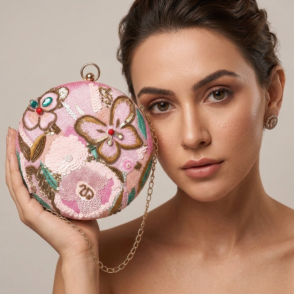 Swisni Hand-Embroidered Clutch Bag for Women | Zari Sequin Bridal Purse | Wedding Party Handbag | Pre-Order | SWIS-479