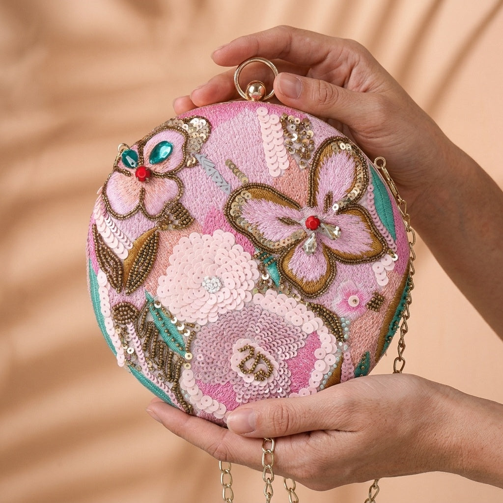 Purvi Pink — Raw Silk Embroidered Clutch