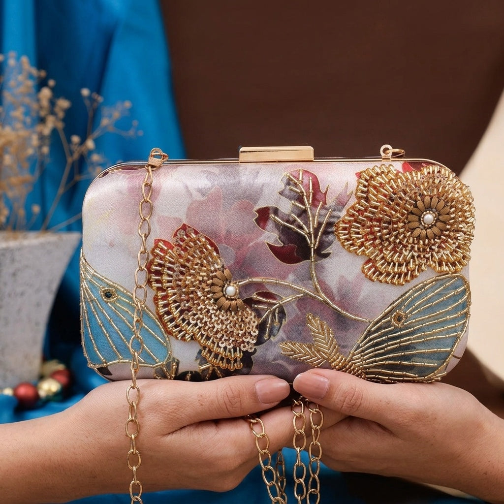 Aamna — Satin Printed Embroidered Clutch