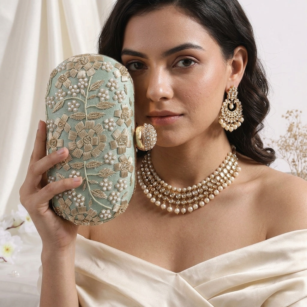 Hadiya Mint Green — Raw Silk Embroidered Clutch