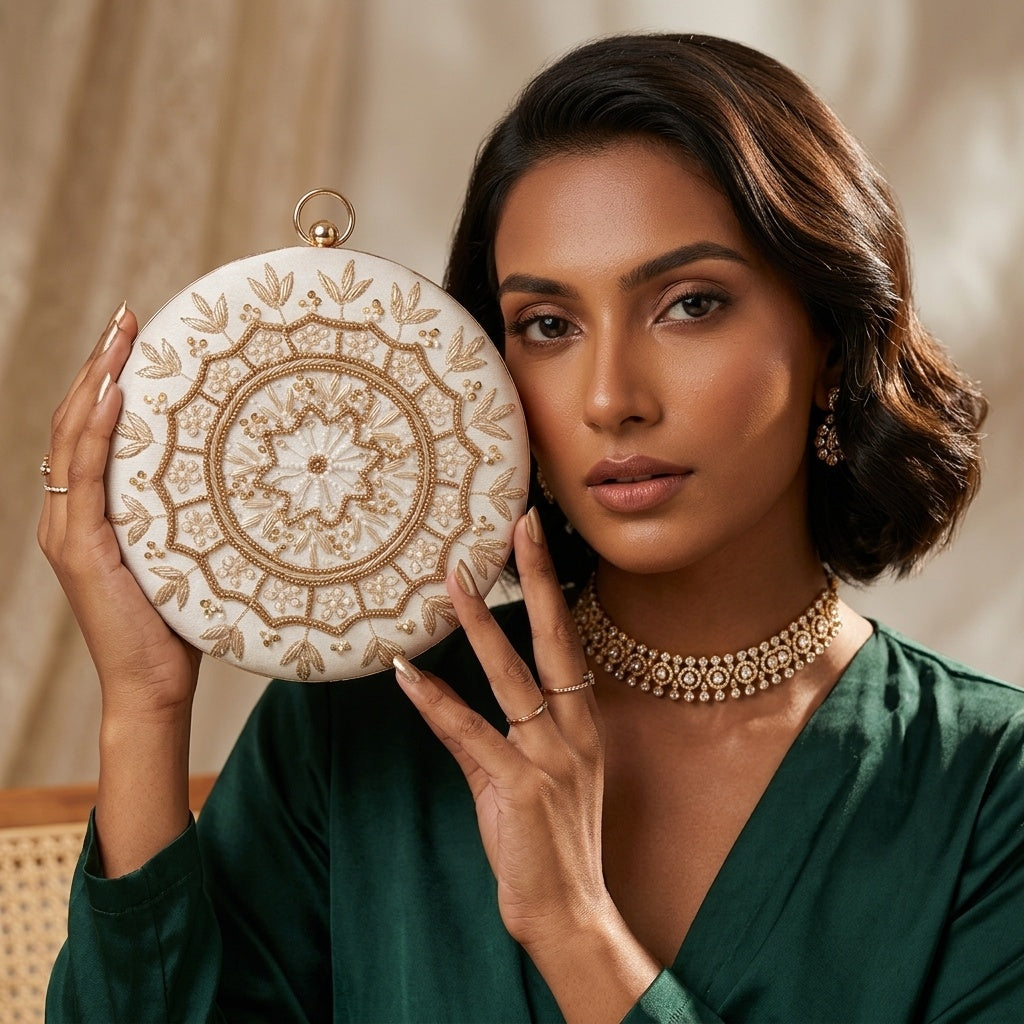 Sharmila White Classic — Raw Silk Embroidered Clutch