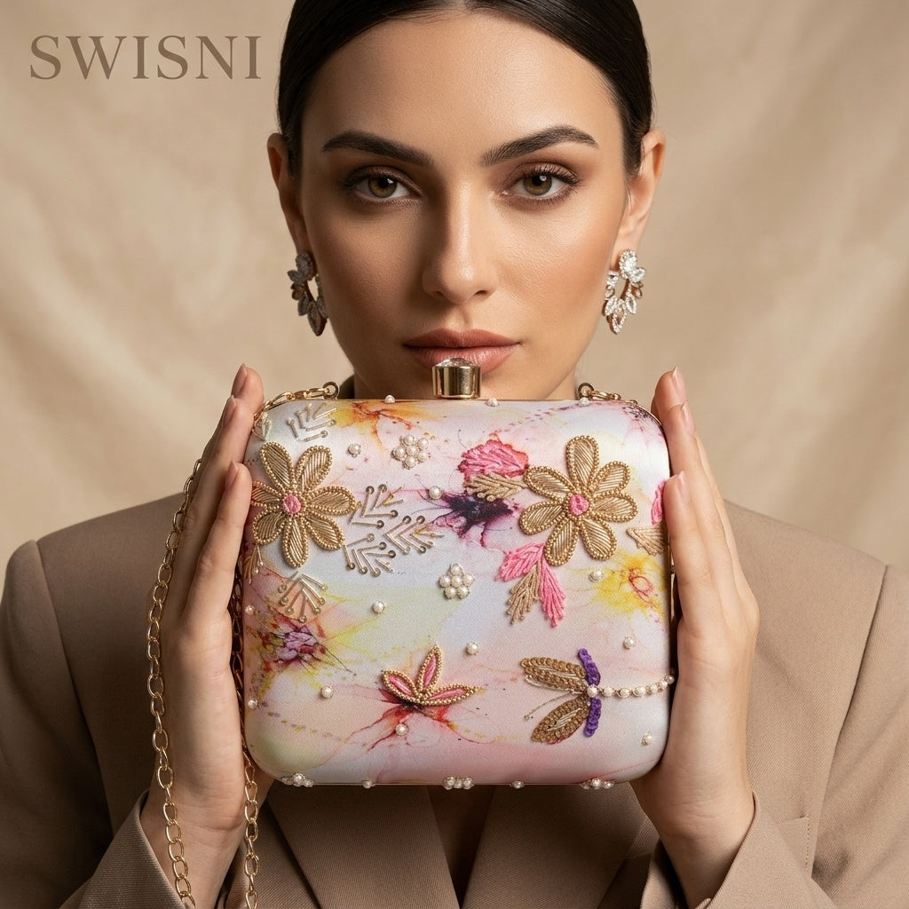 Mahira — Satin Printed Embroidered Clutch