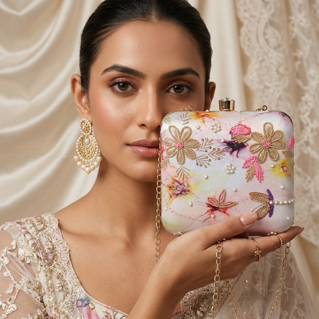 Mahira — Satin Printed Embroidered Clutch