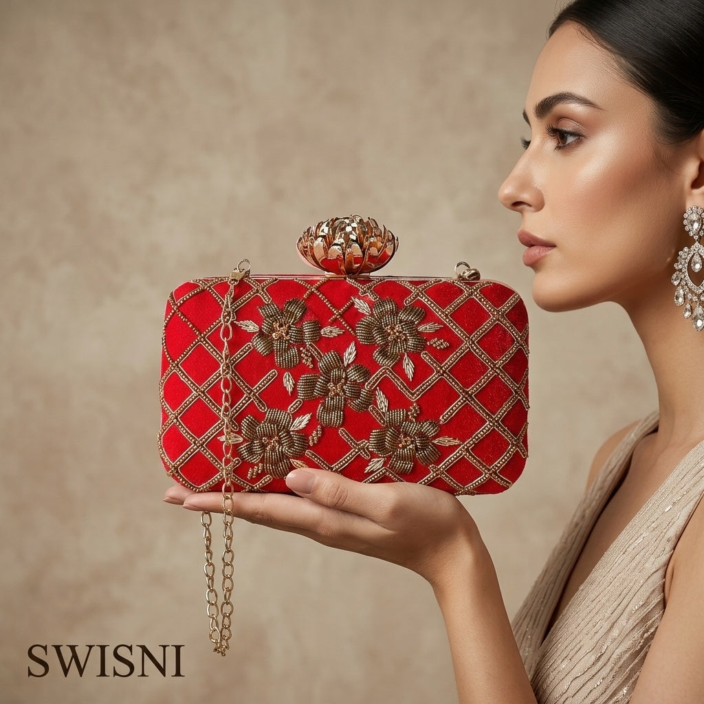 Yamini Red — Velvet Embroidered Clutch