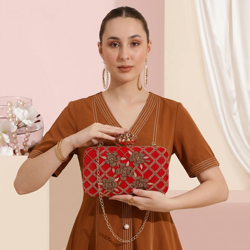 Yamini Red — Velvet Embroidered Clutch