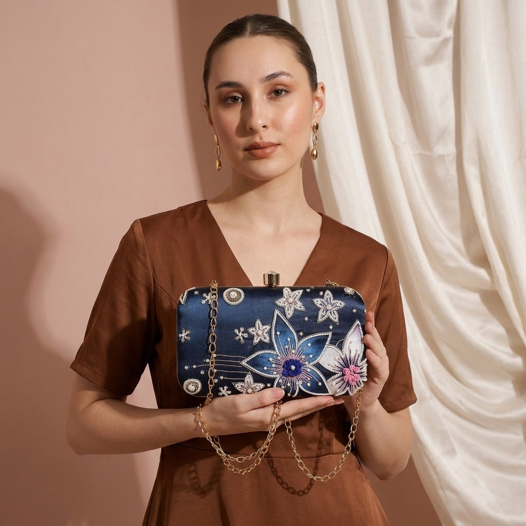 Amisha Blue Classic — Satin Printed Embroidered Clutch