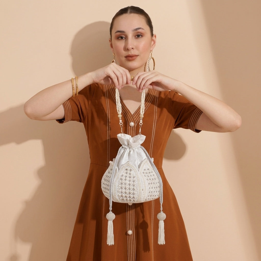 Harini White — Raw Silk Lotus Potli Bag