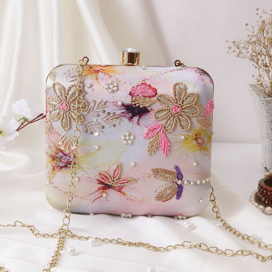 Stunning Printed Embroidery Square Shape Clutch Bag  For Party