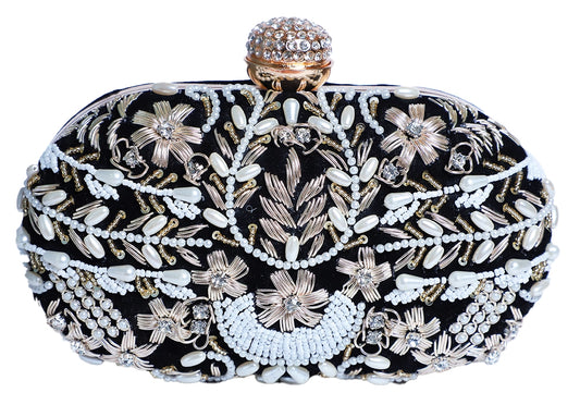 Handmade-embellishment black oval clutch