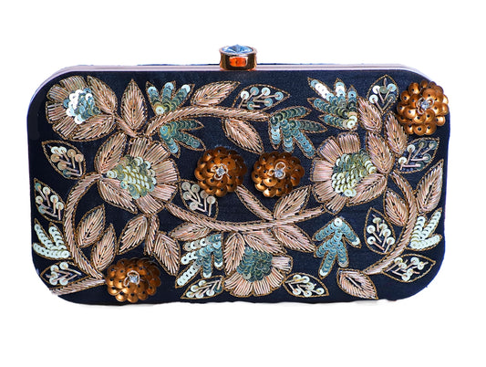 Elegant flower zardosi embroiery black clutch