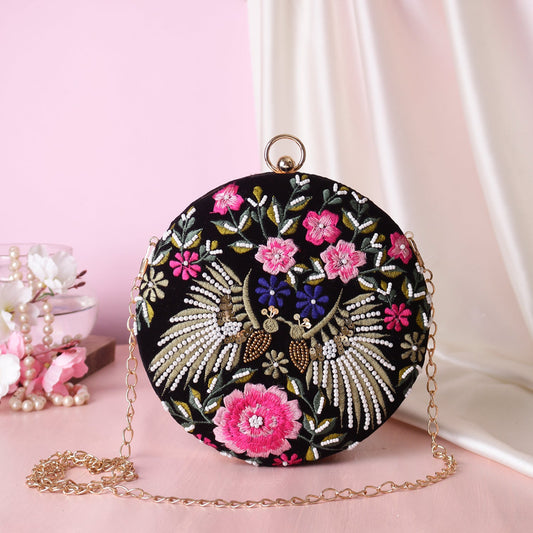 sparrow design embroidery round clutch