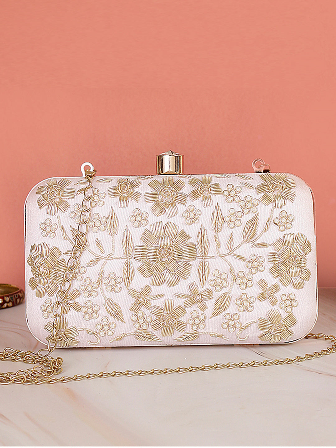 nude pink handmade embroidery rectungler clutch