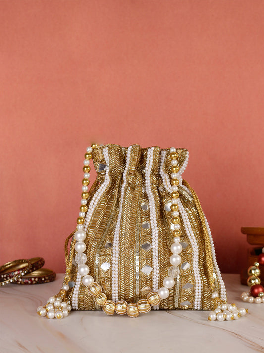 Golden mirror embroidered double side potli bag for bride