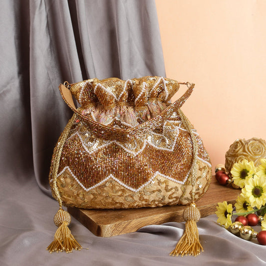 Designer Golden Embroidered Ethnic Potli Bag