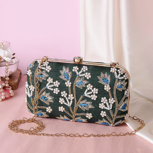 handmade embroidery emereld green clutch