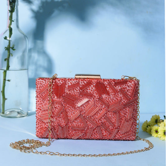 Peach Cutdana Handmade Embroidery Rectungler Clutch