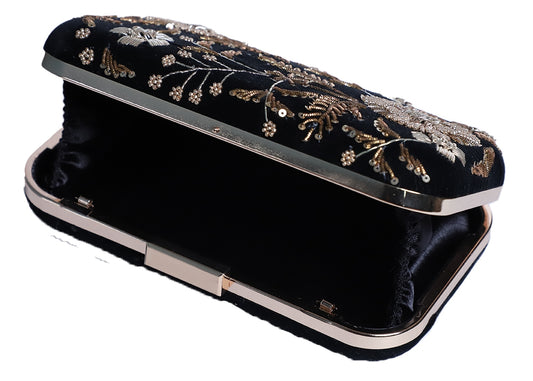 Flower golden zardosi embroidery  black clutch