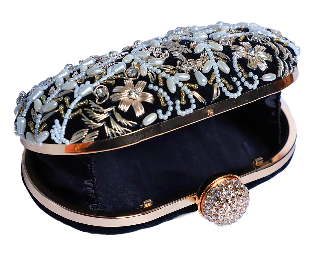 Handmade-embellishment black oval clutch