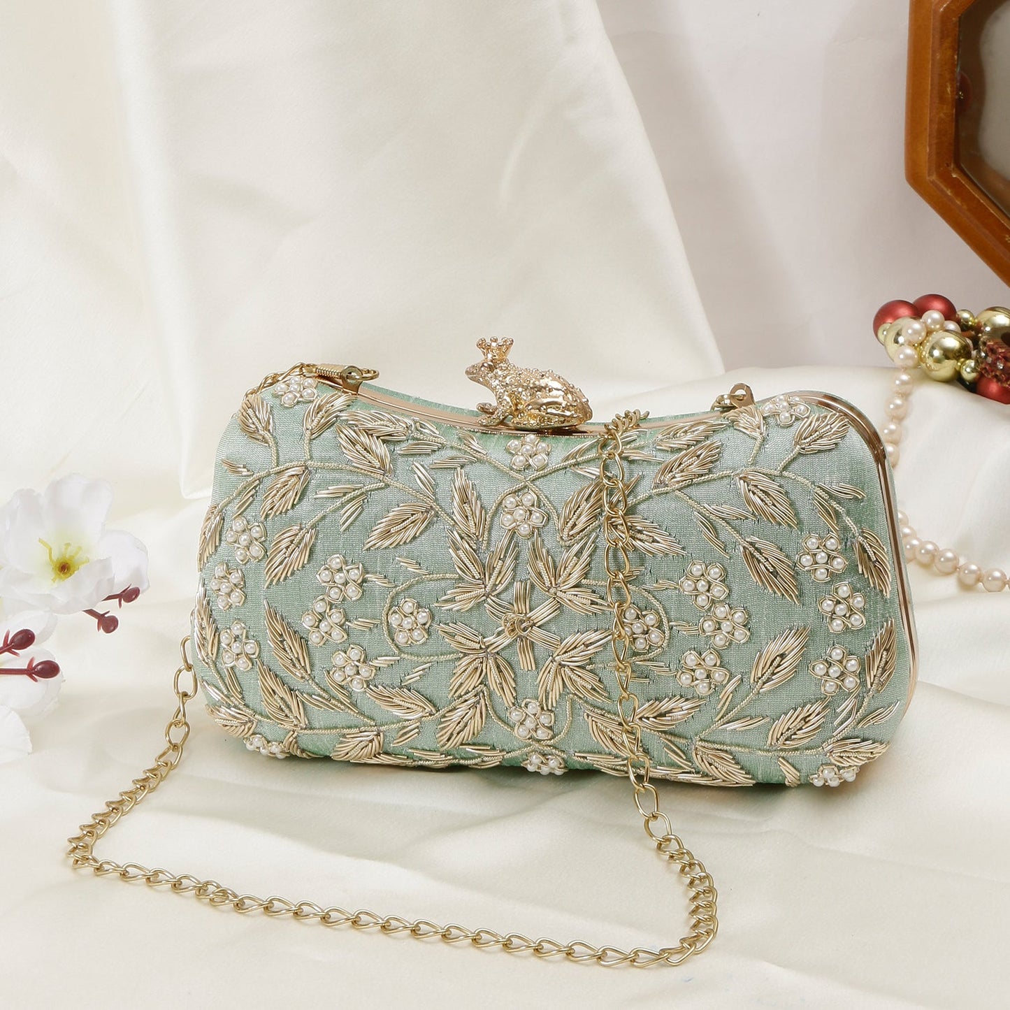 Zardosi Handwork Mint Green Frop Closure Clutch