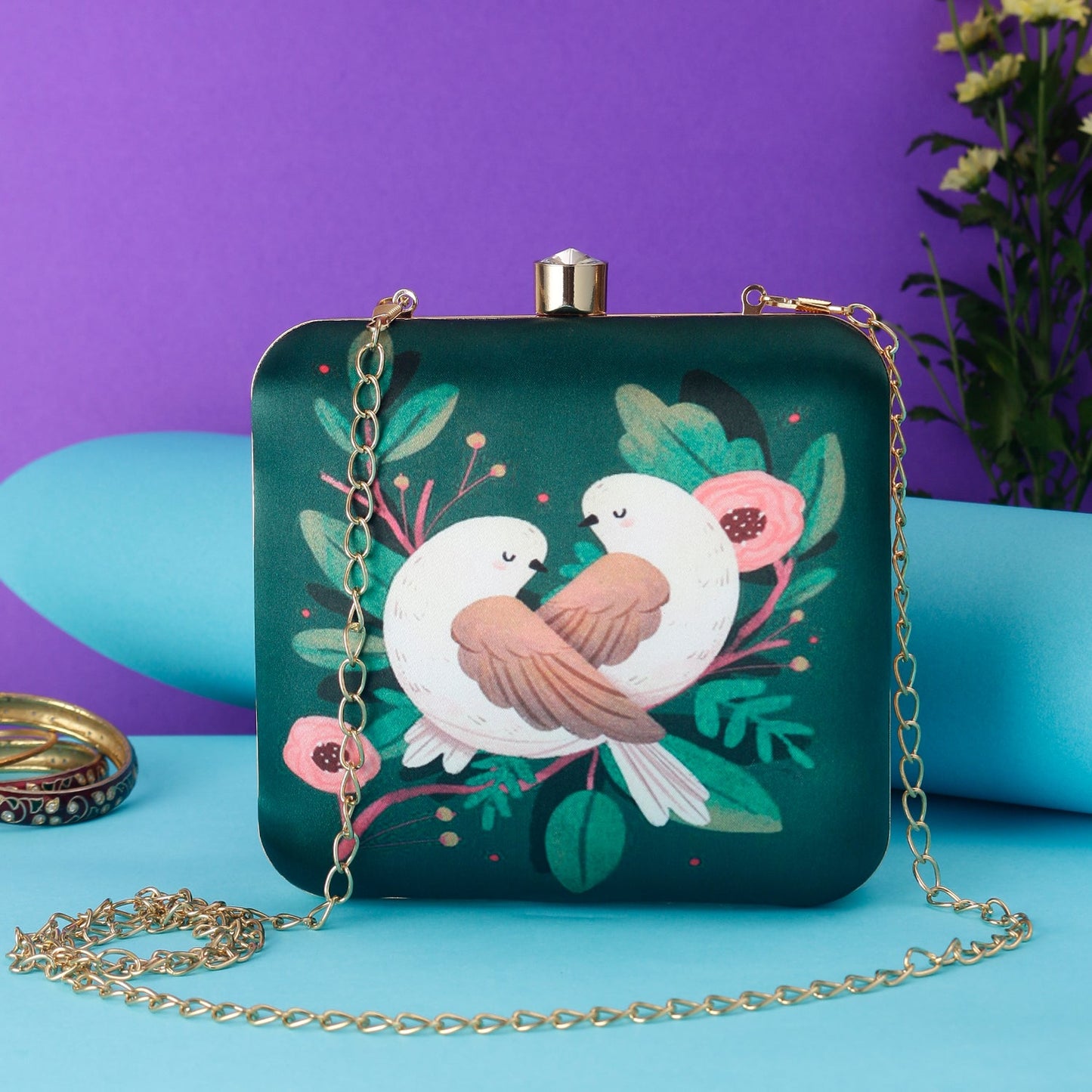 cute couple birds print design box clutch