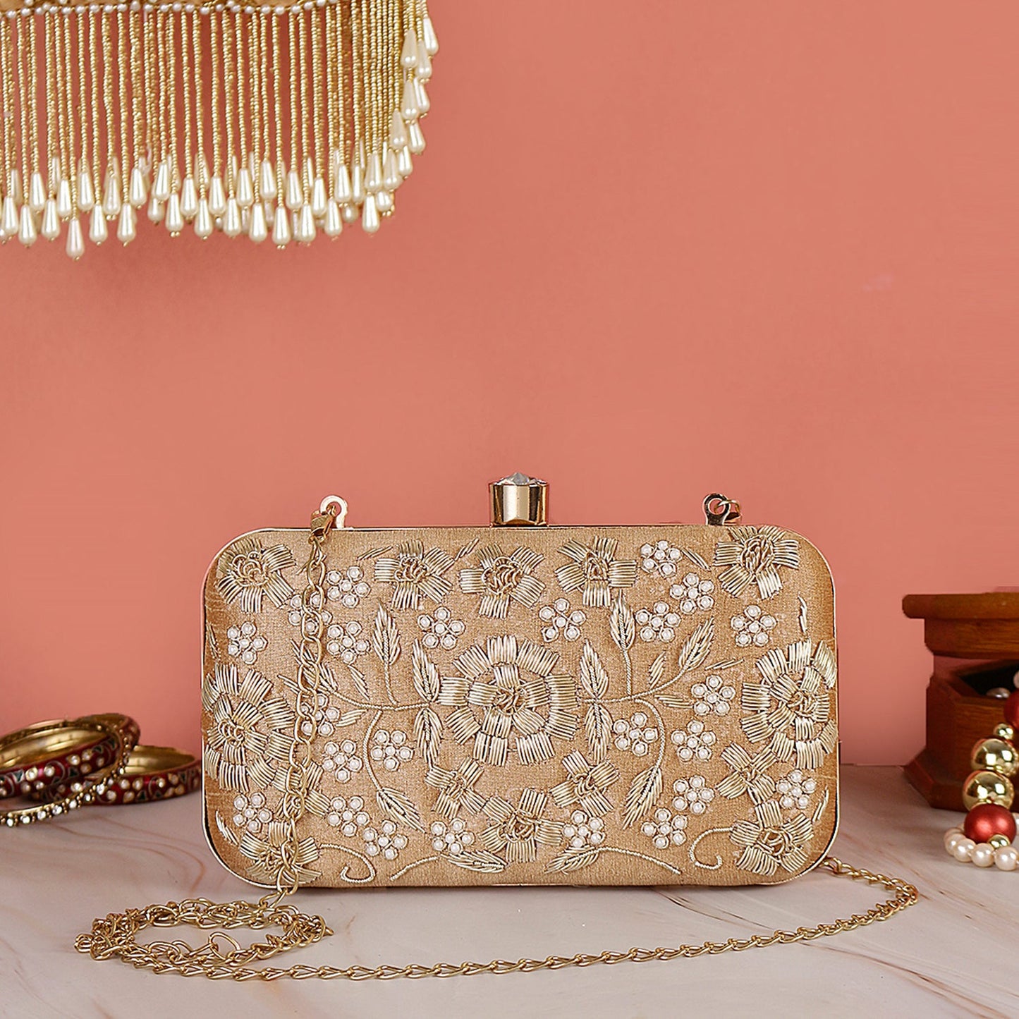 golden handmade embroidery rectungler clutch