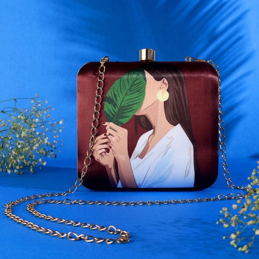 Girl with hide face in leaf designer printed box clutch