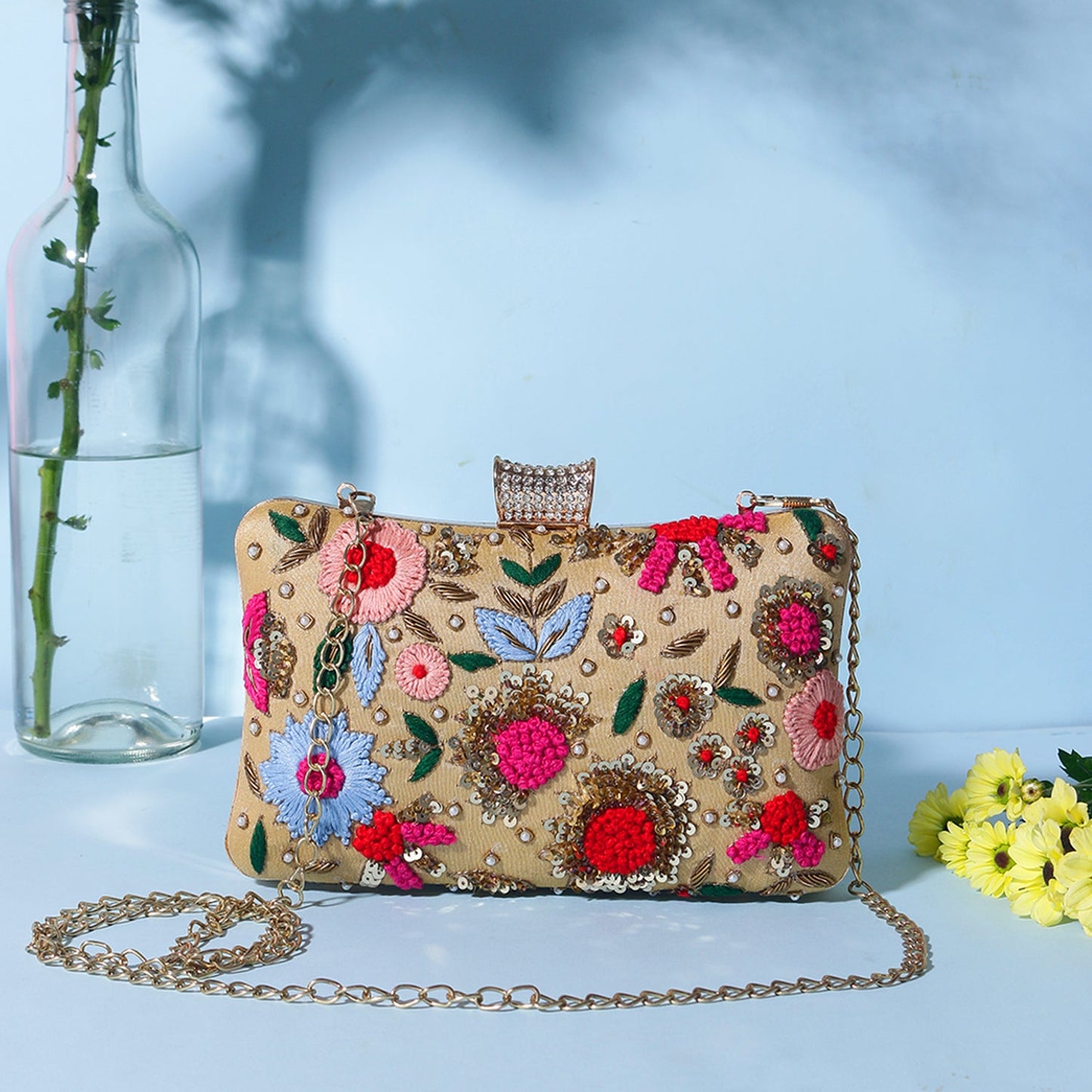 Golden Handmade Thread Embroidery Partywear Clutch