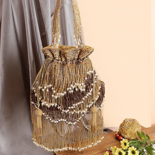 Long Fringes Golden Designer Potli Bag