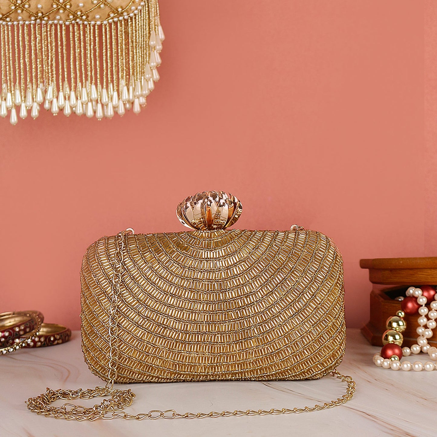 latest golden swirl design embroidered clutch bag