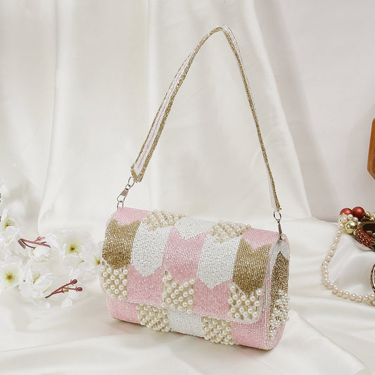 White And Pink Cutdana Flap Clutch