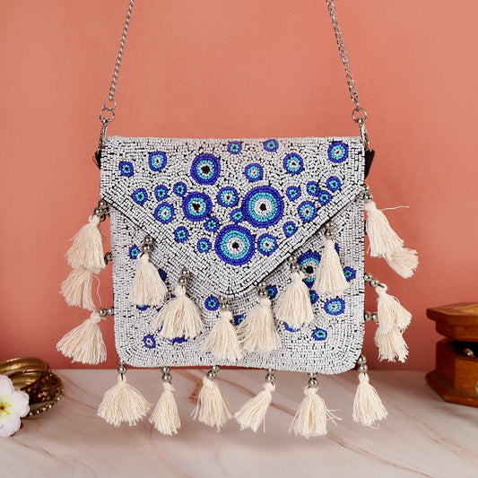 White And Blue Designer Small Boho Bag