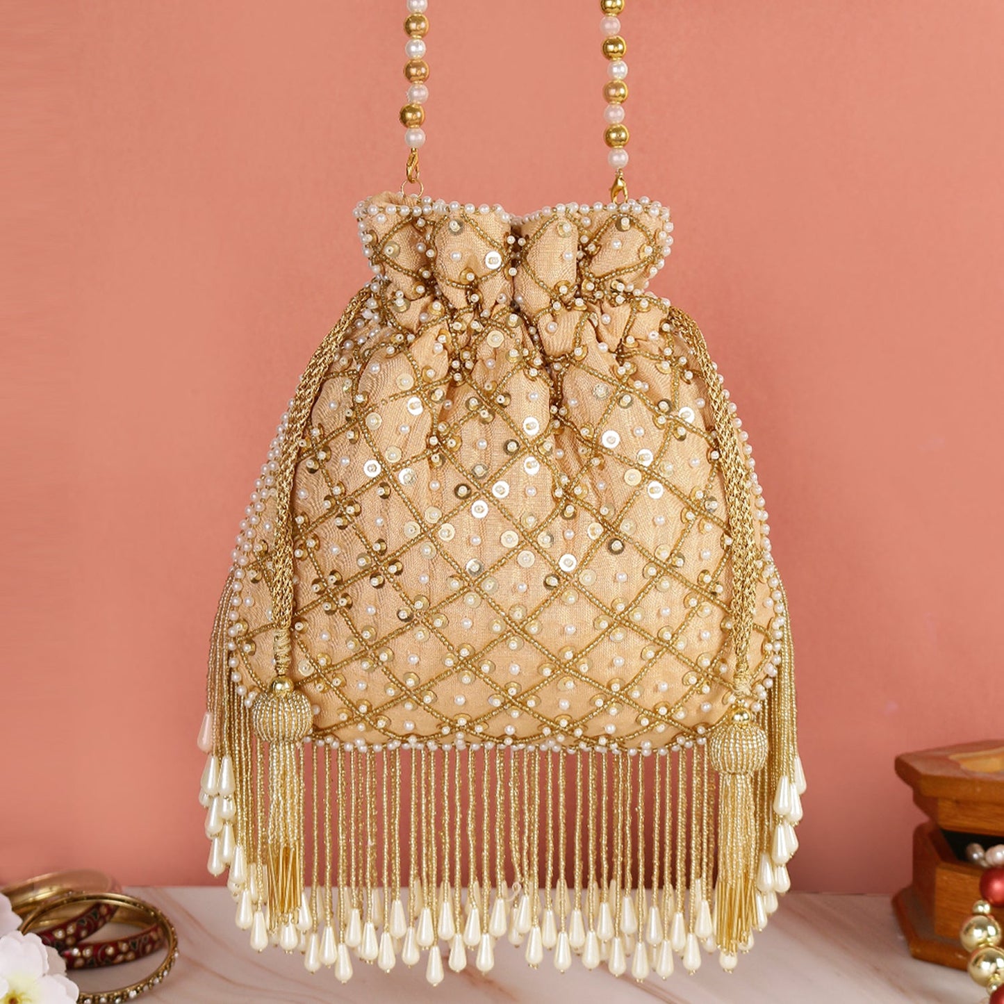 Golden Designer With Fringes Style Potli For Wedding And Party