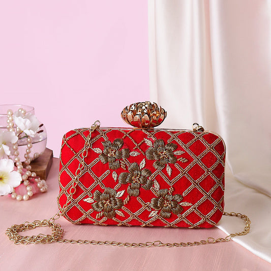 Designer embroidered rectangle red clutch