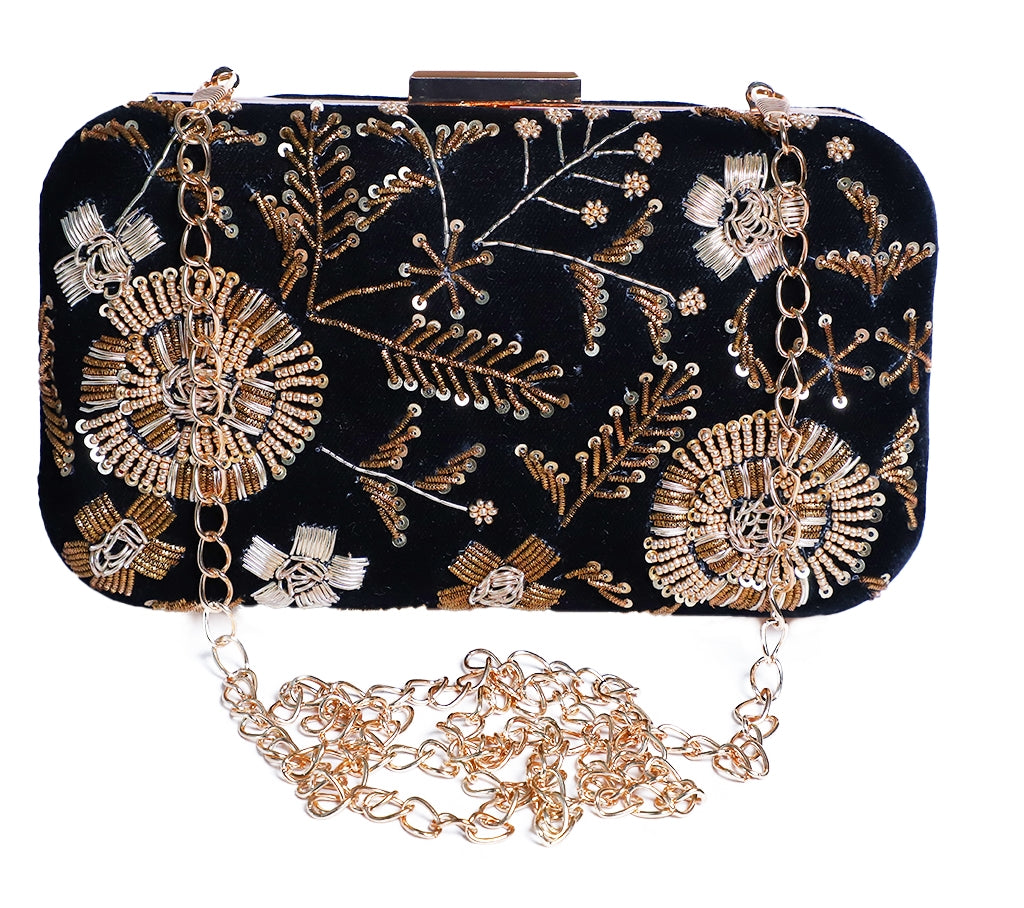 Flower golden zardosi embroidery  black clutch