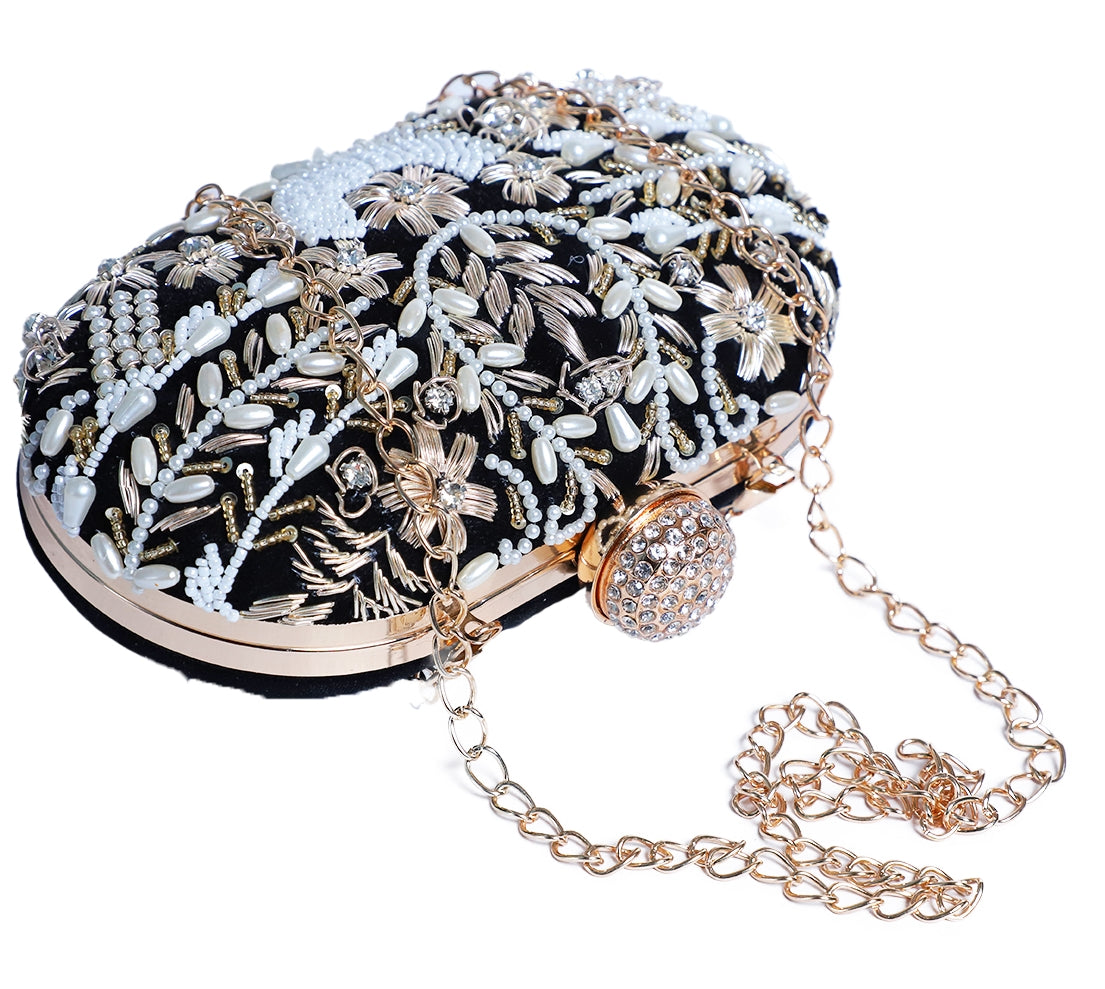 Handmade-embellishment black oval clutch