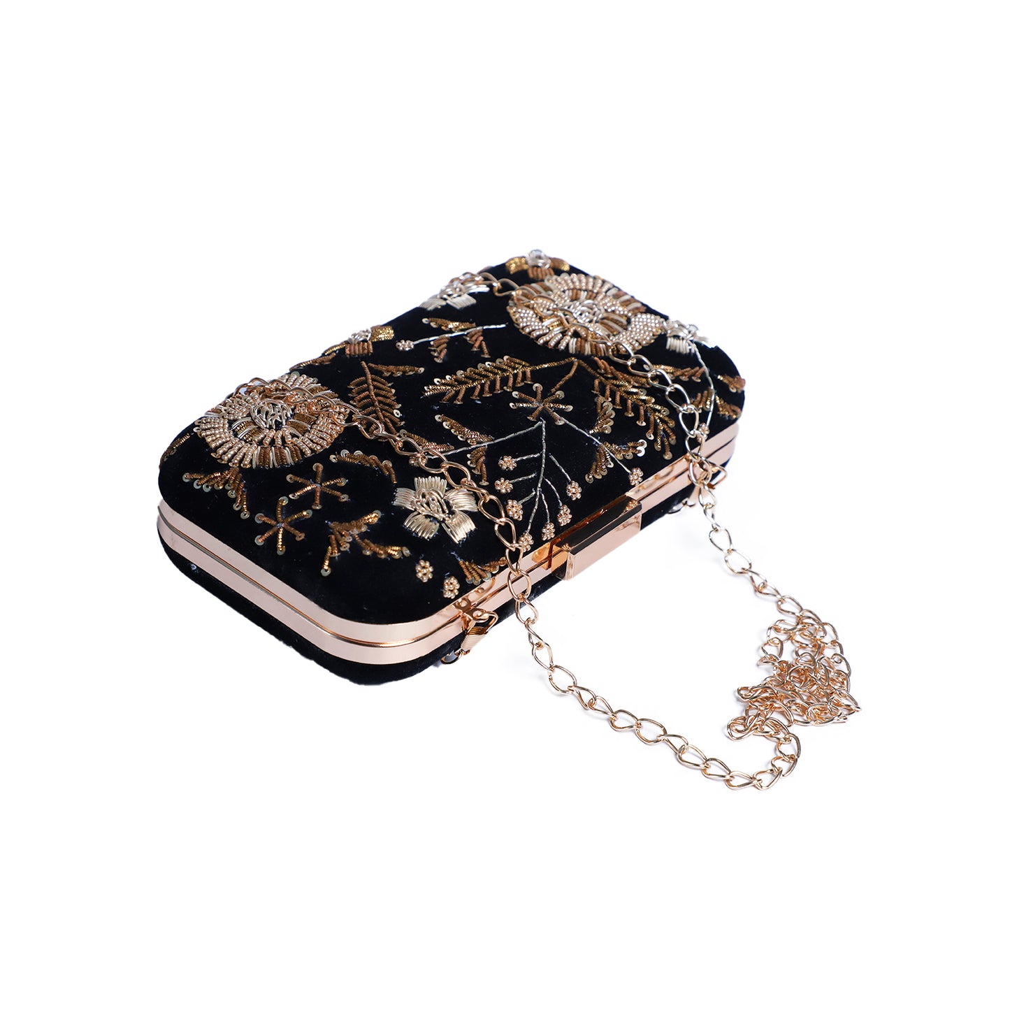 Flower golden zardosi embroidery  black clutch