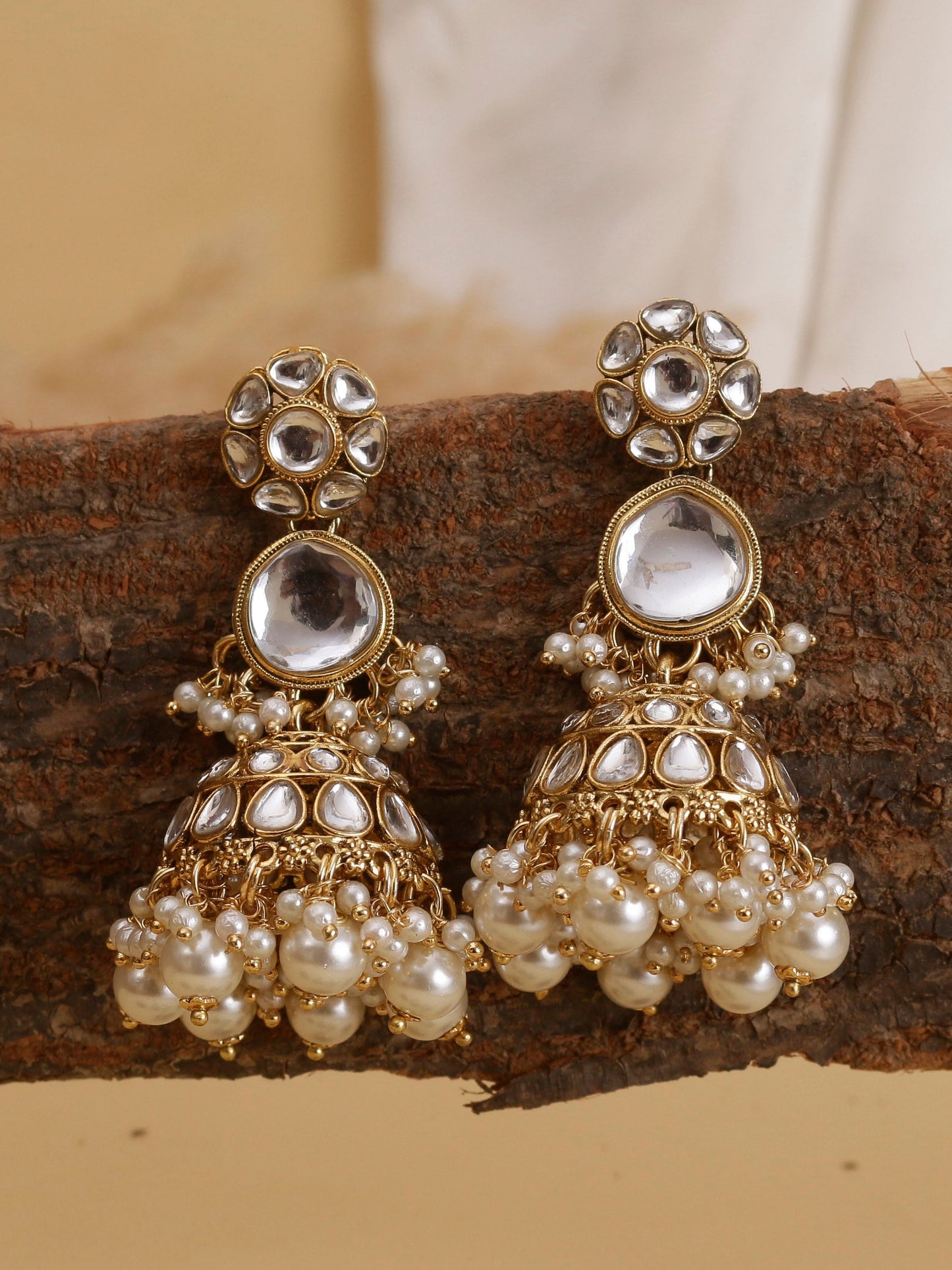 Swisni Alloy Golden Jhumki Earrings with White Beads For Women|For Girls|Gifting|Anniversary|Birthday|Girlfriend