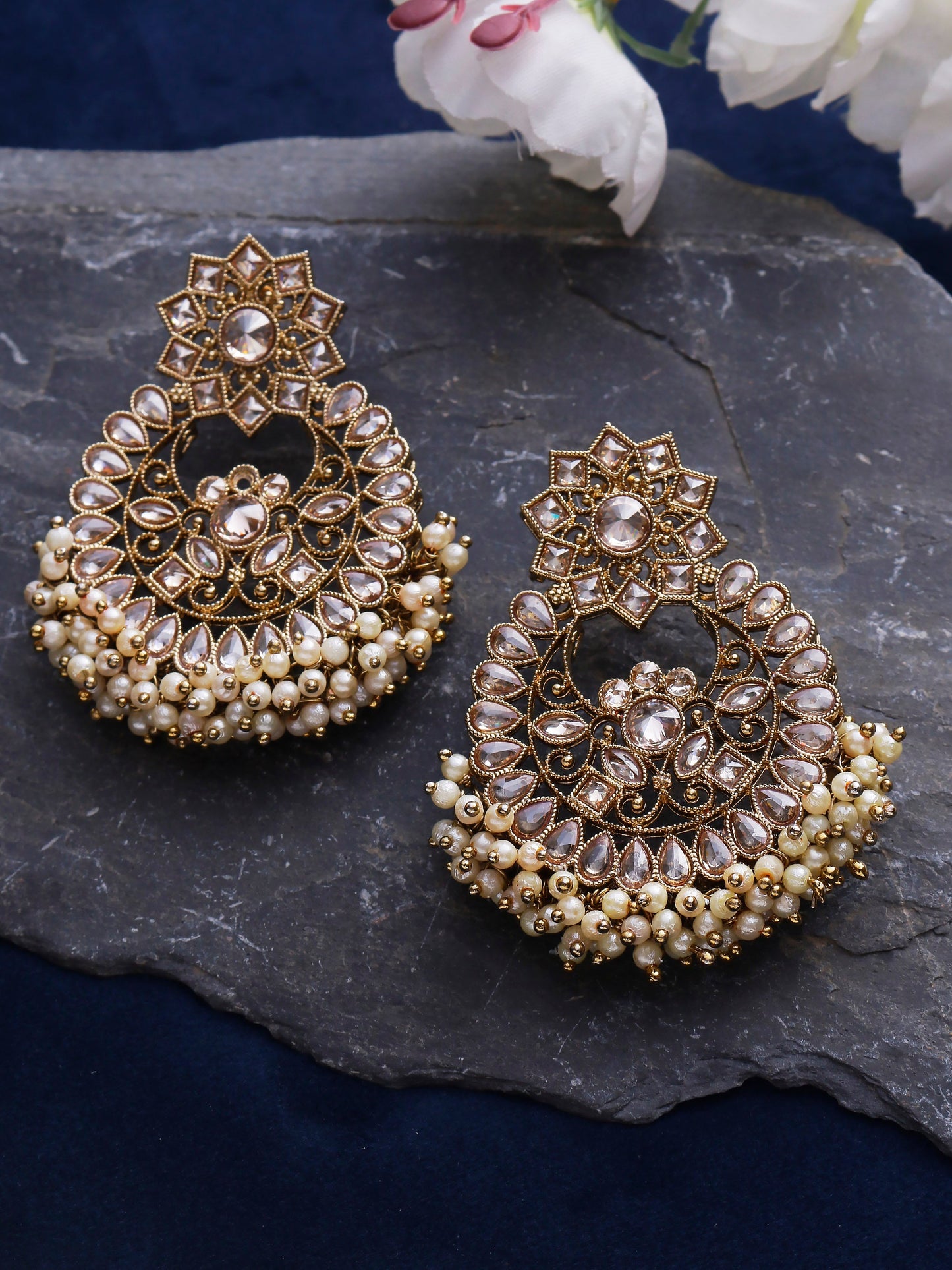 Swisni Alloy Golden Earrings with White Beads For Women|For Girls|Gifting|Anniversary|Birthday|Girlfriend