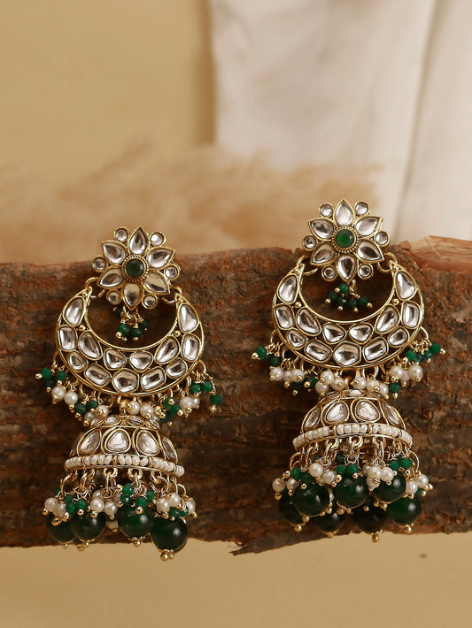 Swisni Alloy Golden Jhumki Earrings with Green Beads For Women|For Girls|Gifting|Anniversary|Birthday|Girlfriend