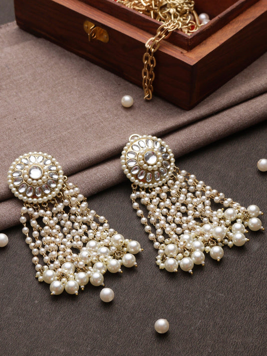 Swisni Alloy Golden Earrings with White Beads For Women|For Girls|Gifting|Anniversary|Birthday|Girlfriend